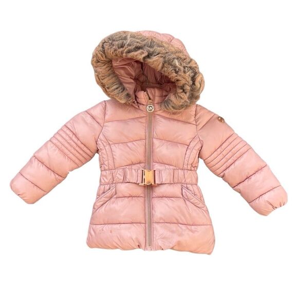 MICHAEL MICHAEL KORS Pink Little Girl’s Belted Hooded Puffer Coat Size 3T Fur - Picture 1 of 10